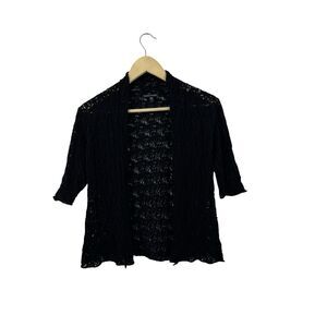 Eileen Fisher Small Wool Cardigan Sweater Crop Black Sheer Crochet Lace Womens